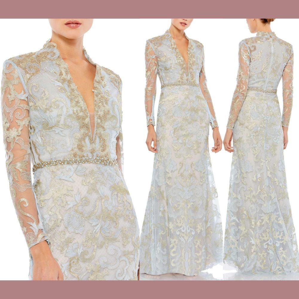 NWT $798 Mac Duggal [ 14 ] Long Sleeve Appliqué V Neck Gown‎ Powder Blue Gold